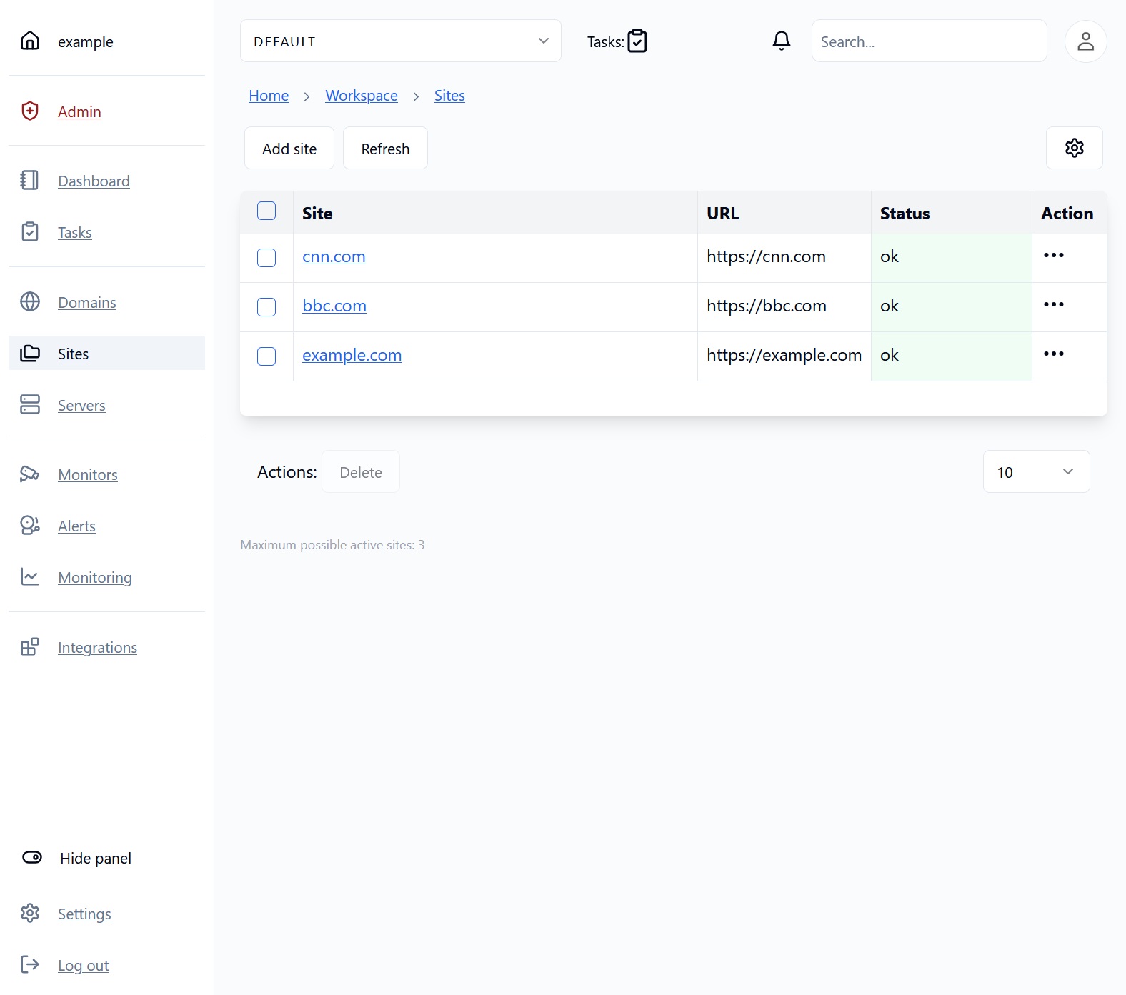 Sites interface